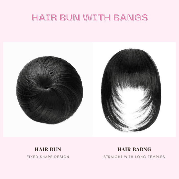 VANANGA Hair Bun with Bang Set 2 Pieces, Black Synthetic Hair Drawstring Space Buns Drawstring and Long French Bangs Clip in with Temples Hair Piece Scrunchies Fake Ballet Bun Bangs for Women