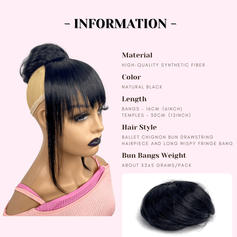 VANANGA Hair Bun with Bang Set 2 Pieces, Black Synthetic Hair Drawstring Space Buns Drawstring and Long French Bangs Clip in with Temples Hair Piece Scrunchies Fake Ballet Bun Bangs for Women