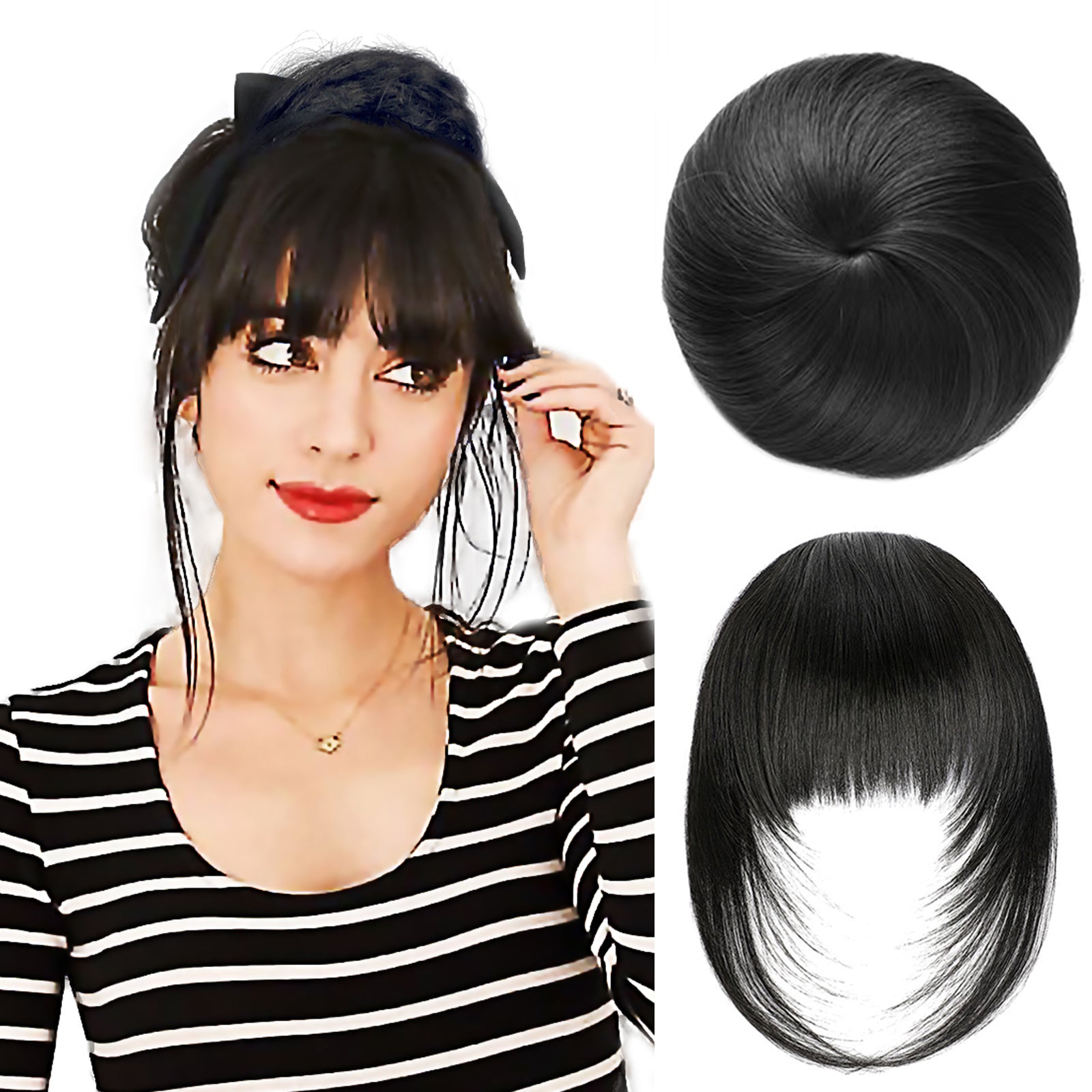 VANANGA Hair Bun with Bang Set 2 Pieces Space Buns Drawstring French Bangs Clip in