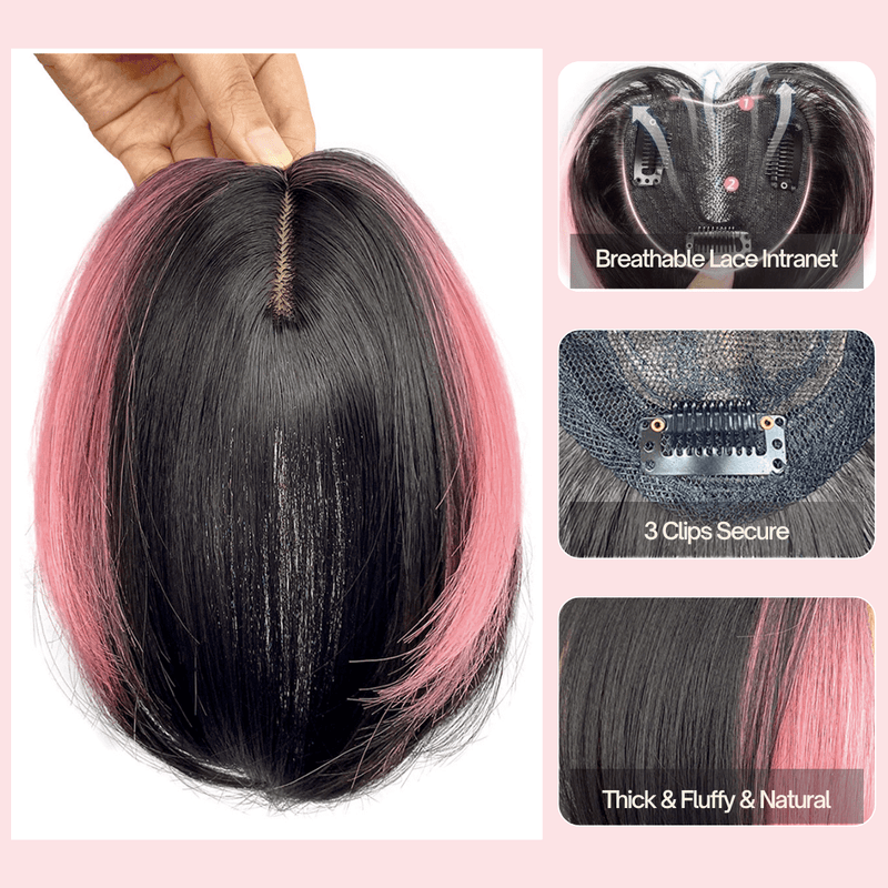 VAVANGA Long Hair Topper with Bangs Clip in, 3D French Bangs Topper Black with Pink Highlight Color Wispy Bangs 10inch Curtain Bangs Fake Fringe 360°Cover Clip in Hair Piece for Women