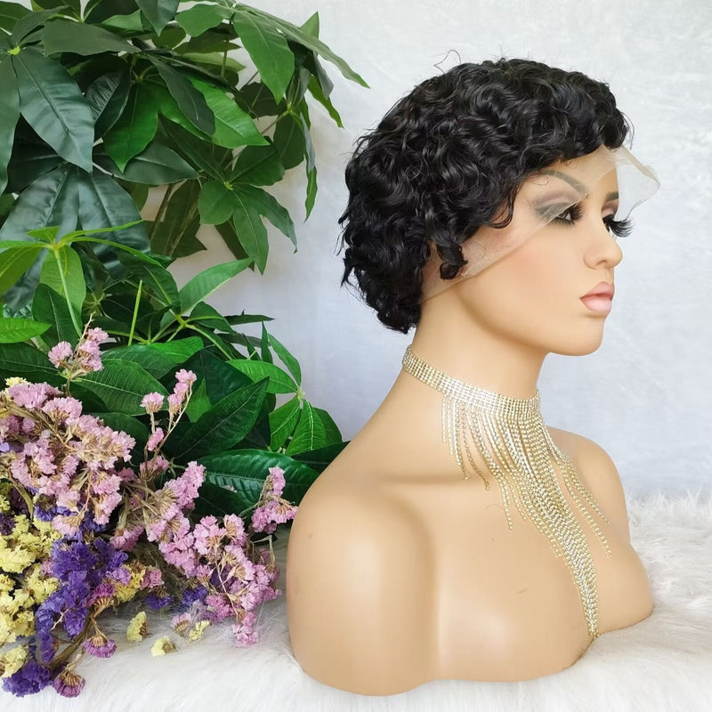 Black Finger Wave Pixie Cut Lace Frontal Wigs 13x4 Side Part Virgin Human Hair