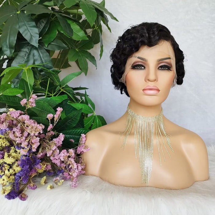 Black Finger Wave Pixie Cut Lace Frontal Wigs 13x4 Side Part Virgin Human Hair