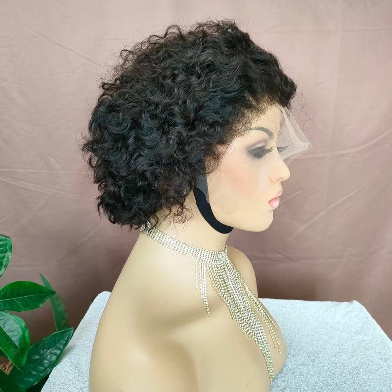 Black Curly Pixie Cut Wigs Lace Frontal  13x4 Virgin Human Hair for African American