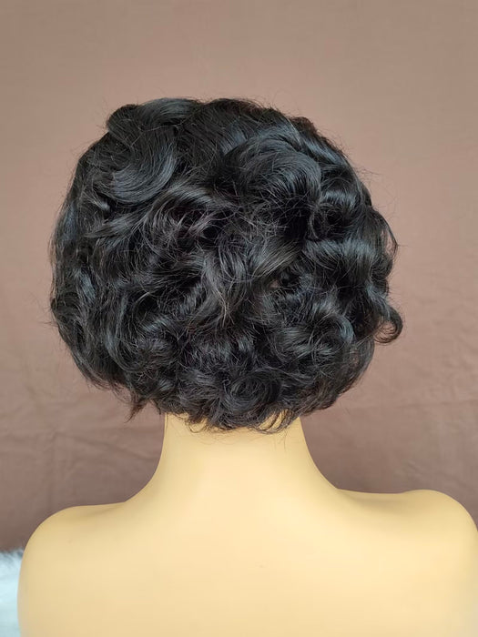 Black Pixie Cut Lace Wig Wave with Side Bangs Short Human Hair Wig