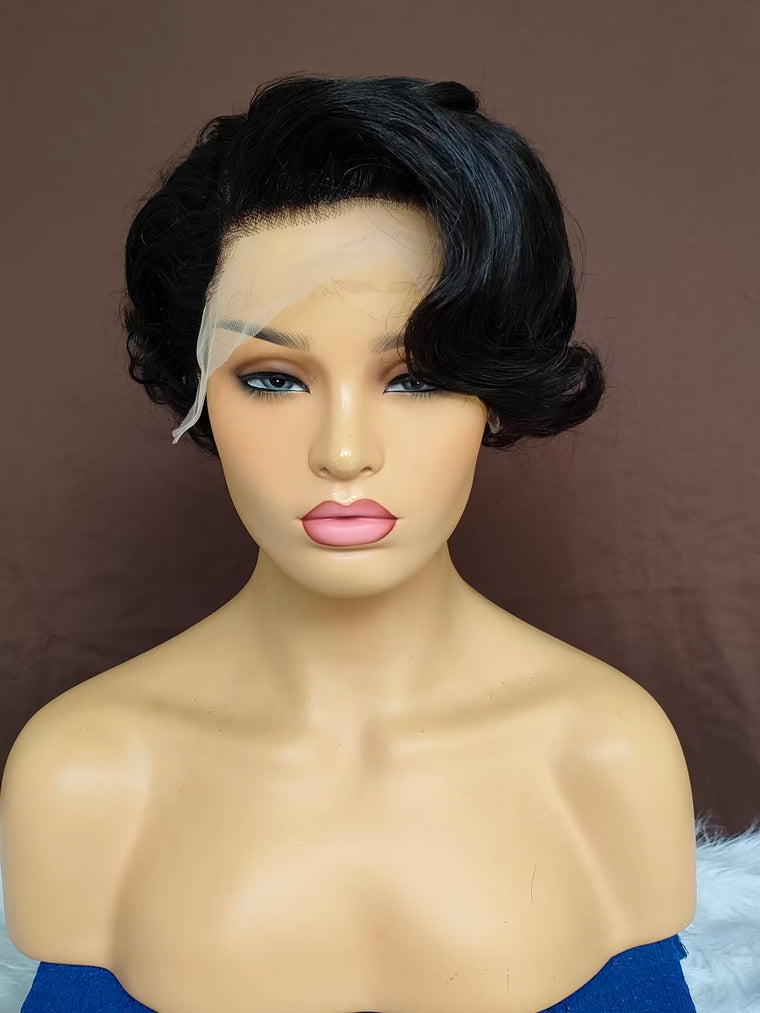 Black Pixie Cut Lace Wig Wave with Side Bangs Short Human Hair Wig