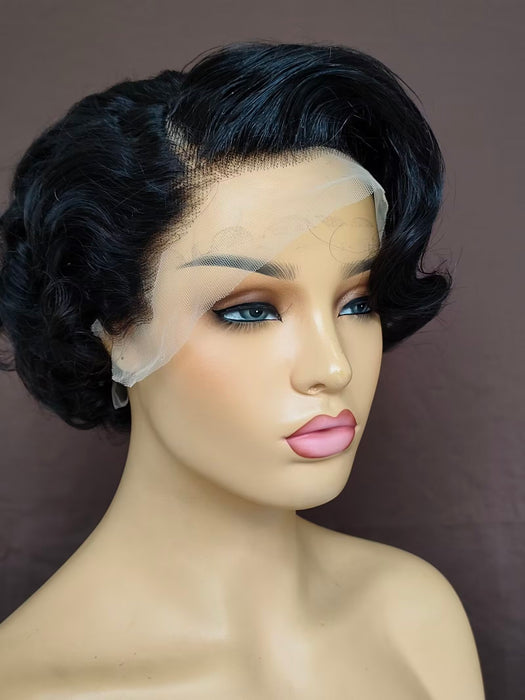 Black Pixie Cut Lace Wig Wave with Side Bangs Short Human Hair Wig