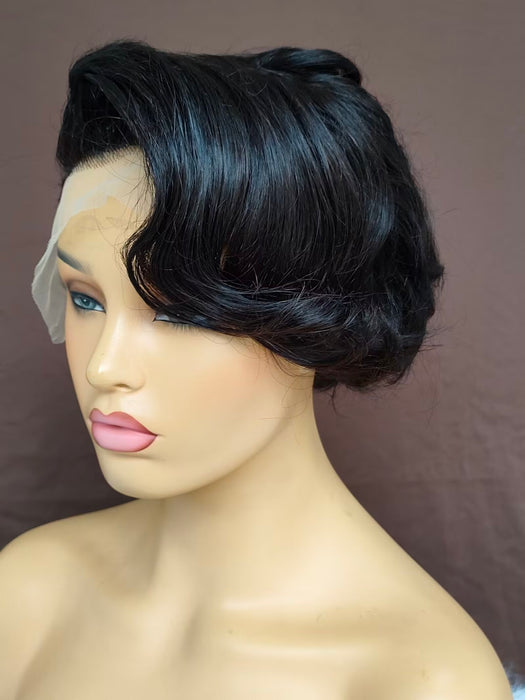 Black Pixie Cut Lace Wig Wave with Side Bangs Short Human Hair Wig