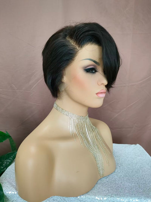 Black Straight Pixie Cut Lace Wig with Side Part Bangs for African American