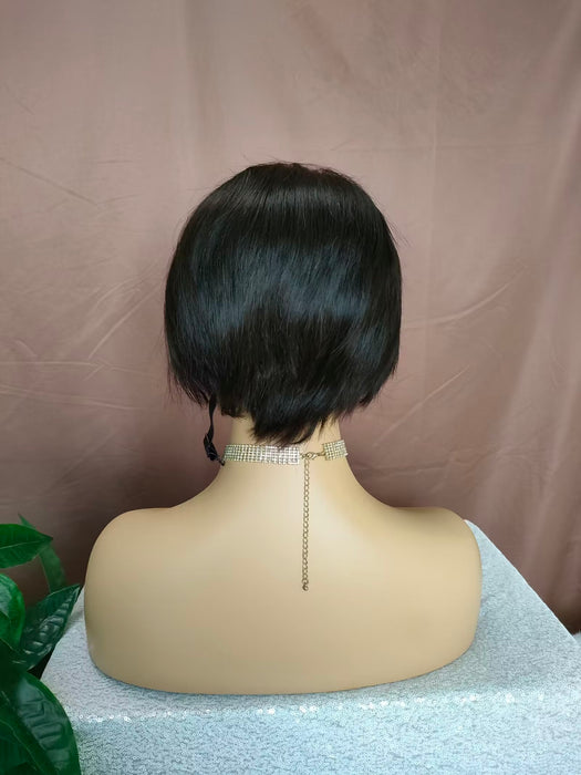 Black Straight Pixie Cut Lace Wig with Side Part Bangs for African American