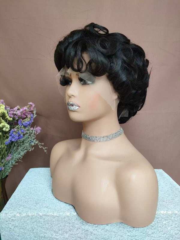 Black Wave Pixie Cut Lace Wig with Bangs Short Human Hair lace frontal Wig