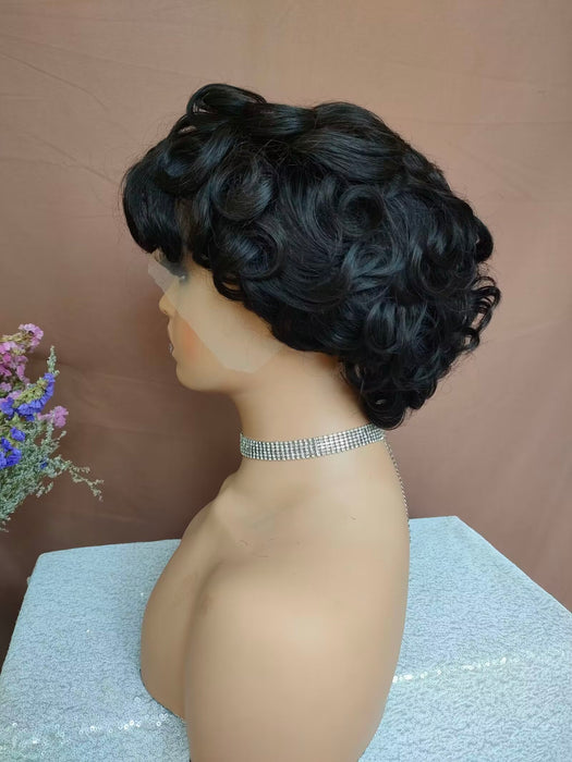 Black Wave Pixie Cut Lace Wig with Bangs Short Human Hair lace frontal Wig