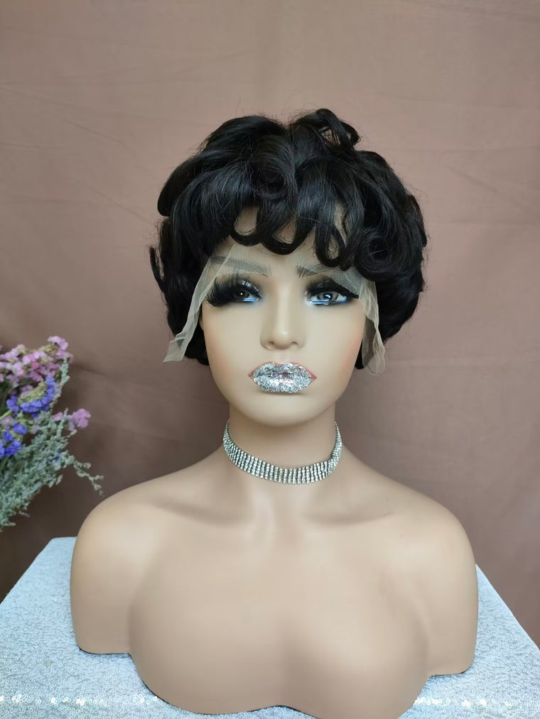 Black Wave Pixie Cut Lace Wig with Bangs Short Human Hair lace frontal Wig