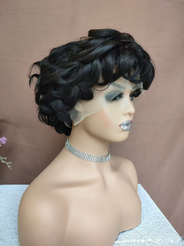 Black Wave Pixie Cut Lace Wig with Bangs Short Human Hair lace frontal Wig