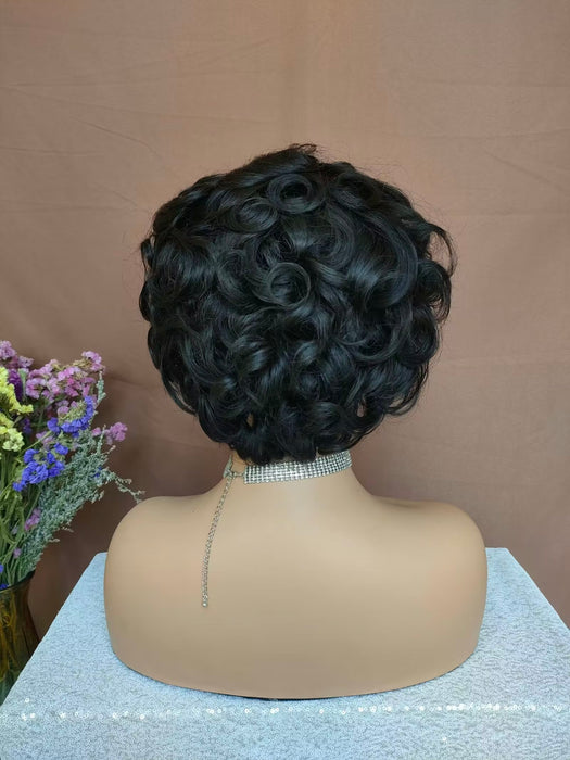 Black Wave Pixie Cut Lace Wig with Bangs Short Human Hair lace frontal Wig