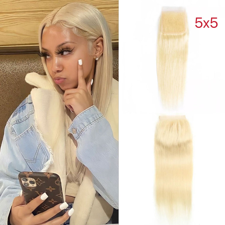 Cheveux humains ondulés avec fermeture en dentelle blonde, 4x4, partie libre, couleur #613