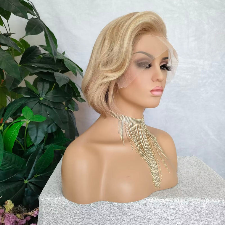 Blonde Highlight Pixie Cut Bob Lace Frontal Wig Human Hair for African American