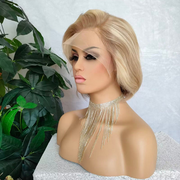 Blonde Highlight Pixie Cut Bob Lace Frontal Wig Human Hair for African American