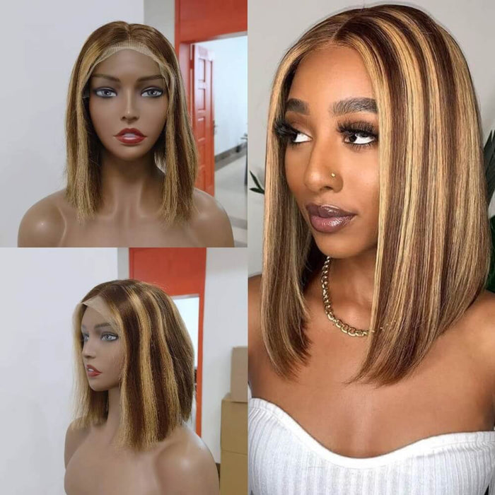 Blonde Highlight Brown Color Bob Wig Human Hair for African American-1