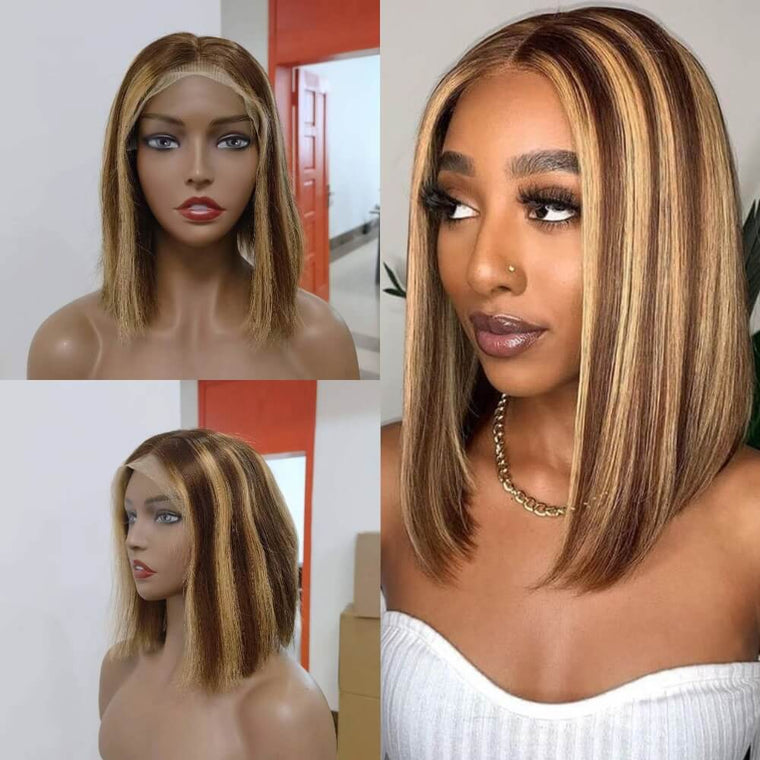 Blonde Highlight Brown Color Bob Wig Human Hair for African American