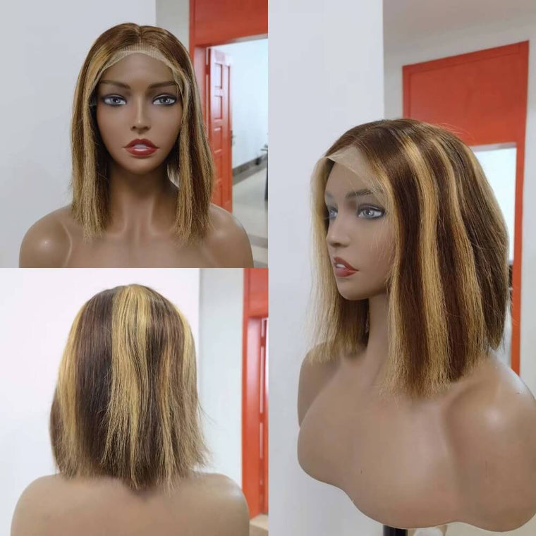 Blonde Highlight Brown Color Bob Wig Human Hair for African American-7