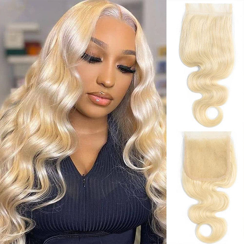 Cheveux humains ondulés avec fermeture en dentelle blonde, 4x4, partie libre, couleur #613