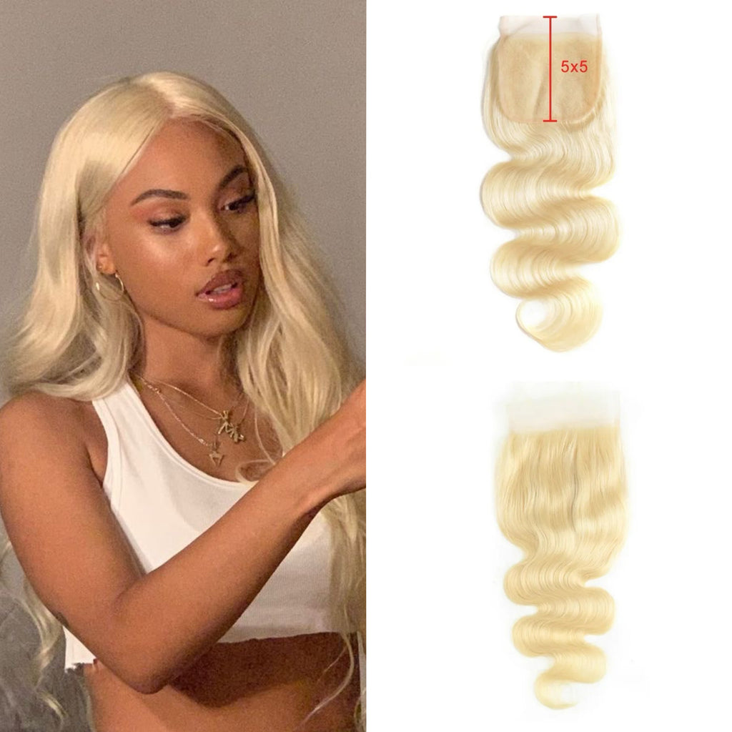 Cheveux humains ondulés avec fermeture en dentelle blonde, 4x4, partie libre, couleur #613