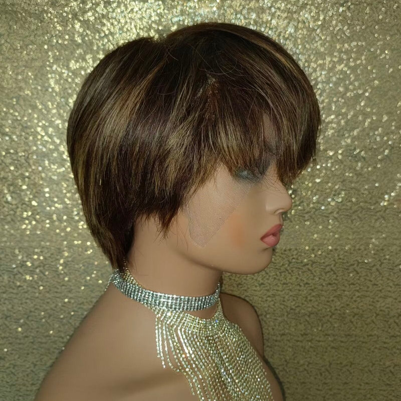 Brown Highlight Straight Pixie Cut Lace Wig Human Hair for African American