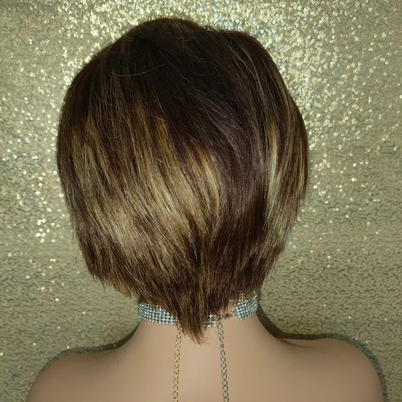 Brown Highlight Straight Pixie Cut Lace Wig Human Hair for African American