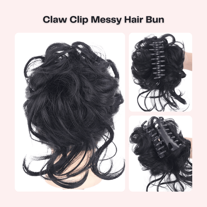 VANANGA Messy Hair Bun with Bang 2 Piece Black Claw Clip Hair Bun and Long Curly Air Bangs