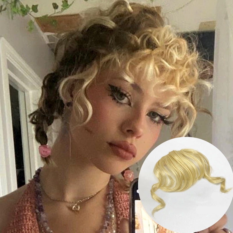 VANANGA Curly Bangs Clip in Hair Extension, Synthetic Hair French Bangs Clip on Wispy Bangs Natural Curly Air Bangs Fake Fringe Bangs Hair Piece for Women