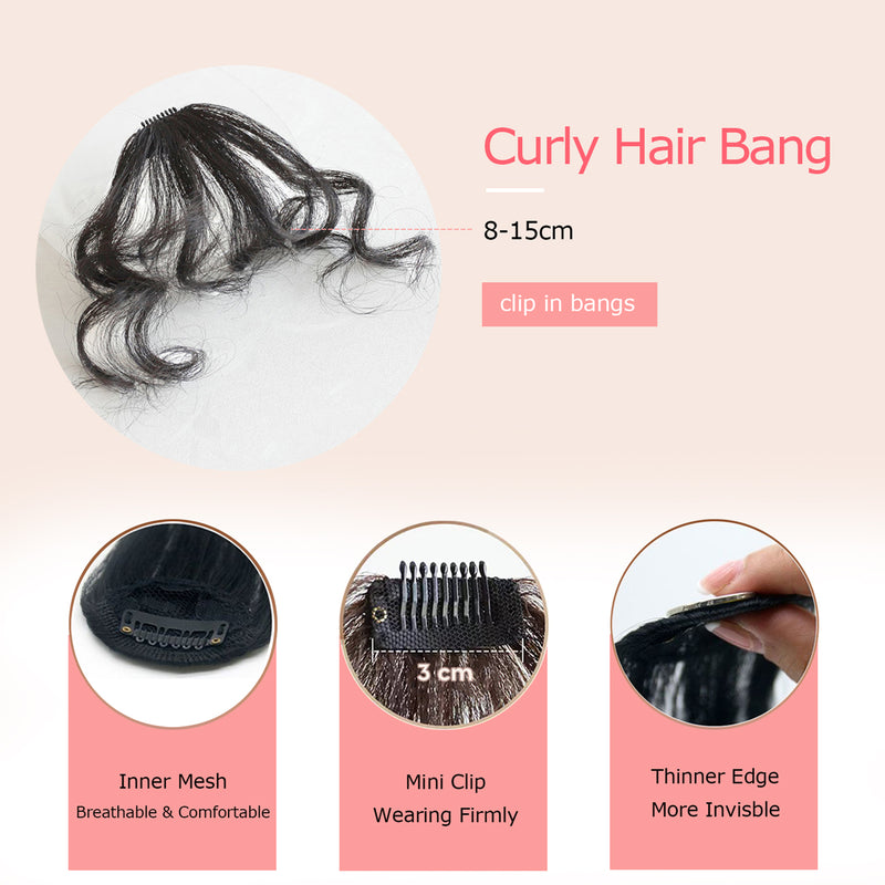 VANANGA Curly Bangs Clip in Hair Extension, Synthetic Hair French Bangs Clip on Wispy Bangs Natural Curly Air Bangs Fake Fringe Bangs Hair Piece for Women