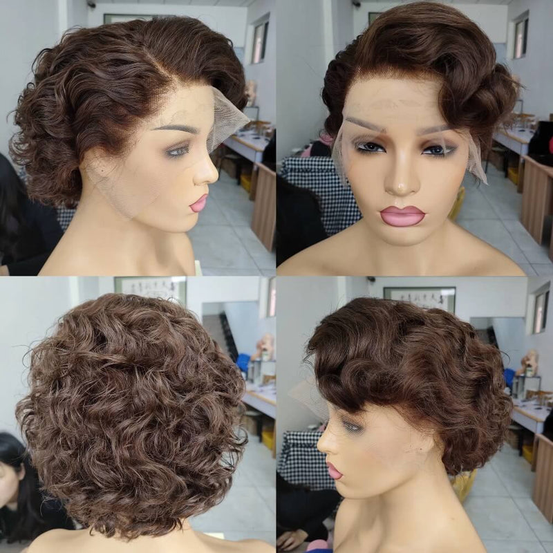 Dark Brown Pixie Cut Wig Human Hair Lace Frontal Wig for Black Women