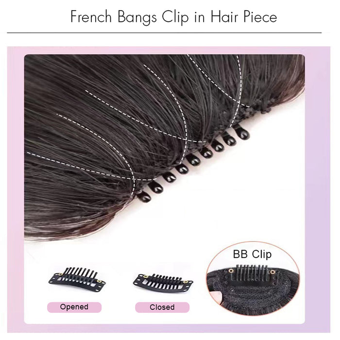 VAVANGA Long Curly Bangs Clip in Hair Extension, Synthetic Hair French Bangs Hair Straight Wispy Bangs with Wavy Temples Black Air Bangs Fake Fringe Bangs Hair Piece for Women