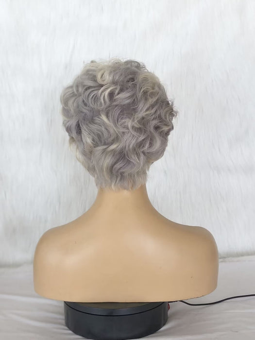 Gray Color Human Hair Curly Pixie Cut Lace Wig for Women