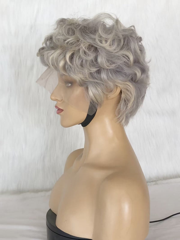 Gray Colo rHuman Hair Curly Pixie Cut Lace Wig for african American