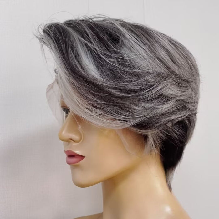 Gray Highlight Pixie Cut Lace Frontal Wig straight Human Hair Wig