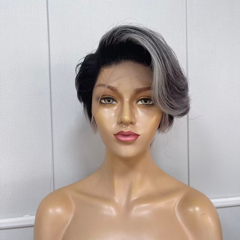 Gray Highlight Pixie Cut Lace Frontal Wig straight Human Hair Wig