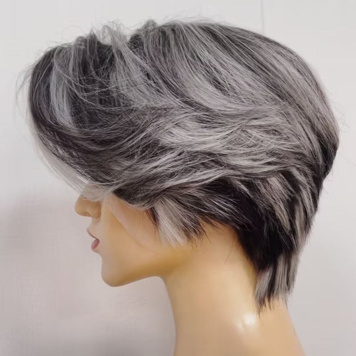 Gray Highlight Pixie Cut Lace Frontal Wig straight Human Hair Wig