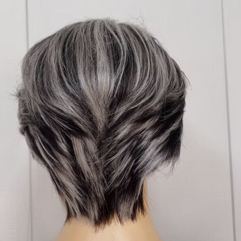 Gray Highlight Pixie Cut Lace Frontal Wig straight Human Hair Wig