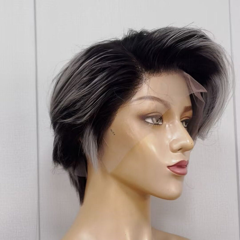 Gray Highlight Pixie Cut Lace Frontal Wig straight Human Hair Wig