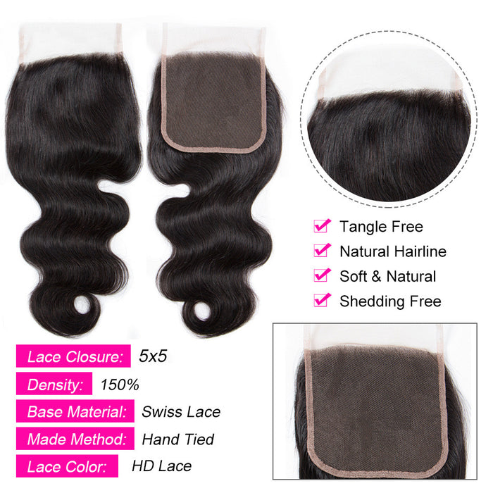 Surprisehair HD Lace Closure 5x5 Body Wave Invisibe Lace Closure Human Hair