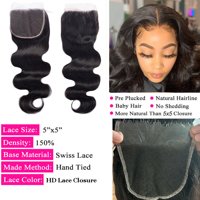 Surprisehair HD Lace Closure 5x5 Body Wave Invisibe Lace Closure Human Hair