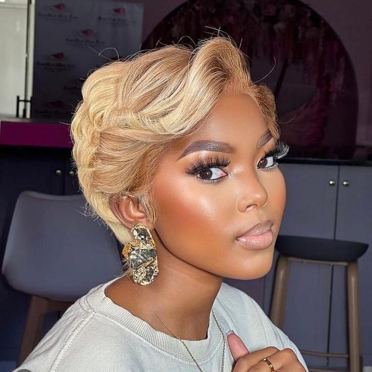 Brown Ombre Blonde Pixie Cut Lace Frontal Wig Human Hair for African American