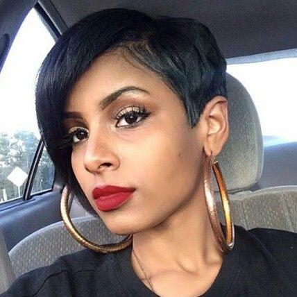 Black Straight Pixie Cut Lace Wig with Side Part Bangs for African American