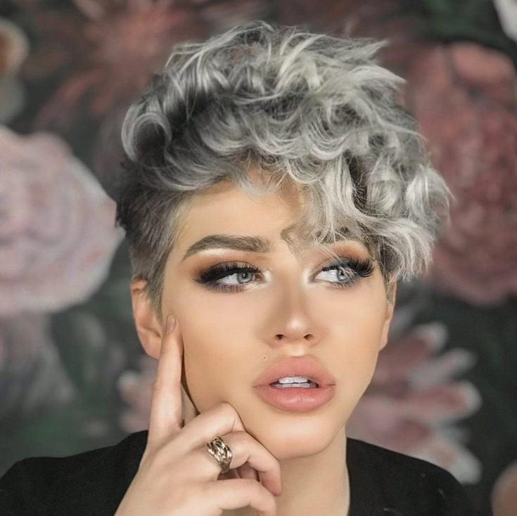 Perruque de cheveux humains bouclés gris ombré noir, coupe Pixie, Lace Frontal