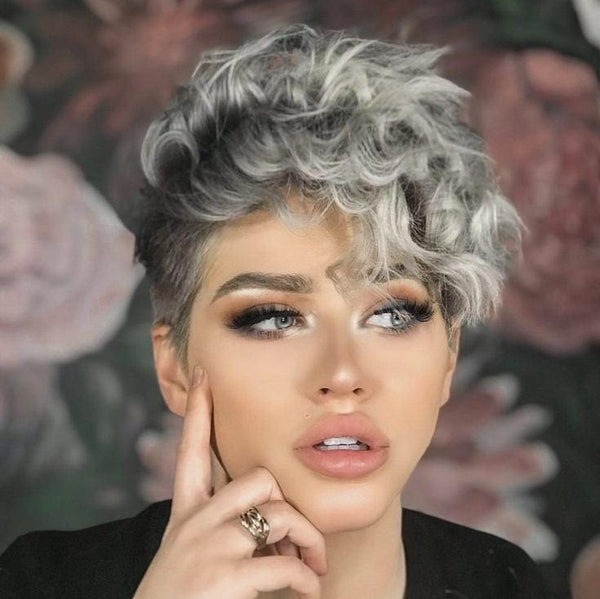 Black Ombre Gray Curly Pixie Cut Wig Human Hair Lace Frontal  display picture 3