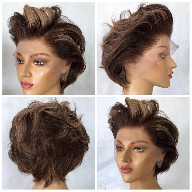 Brown Color Pixie Cut Wig with Highlight Color Human Hair Lace Frontal