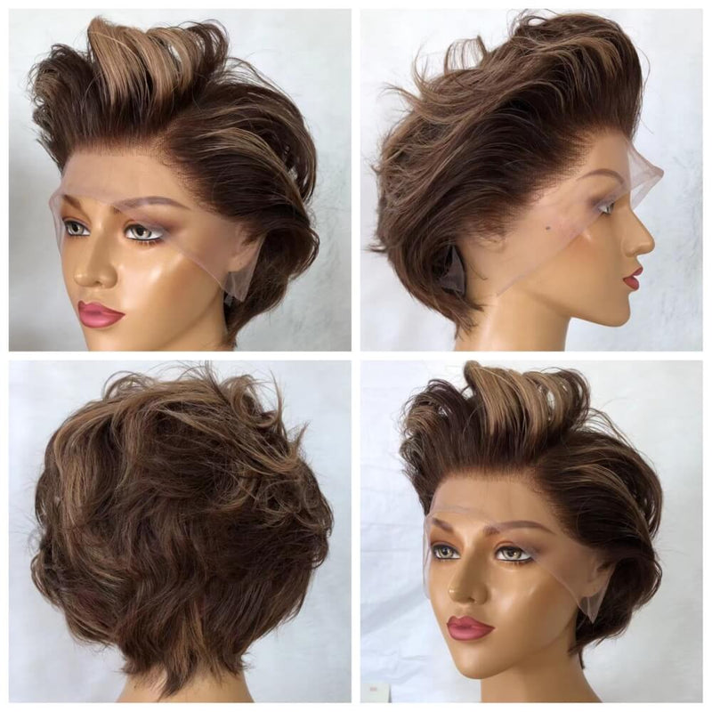 Brown Color Pixie Cut Wig with Highlight Color Human Hair Lace Frontal