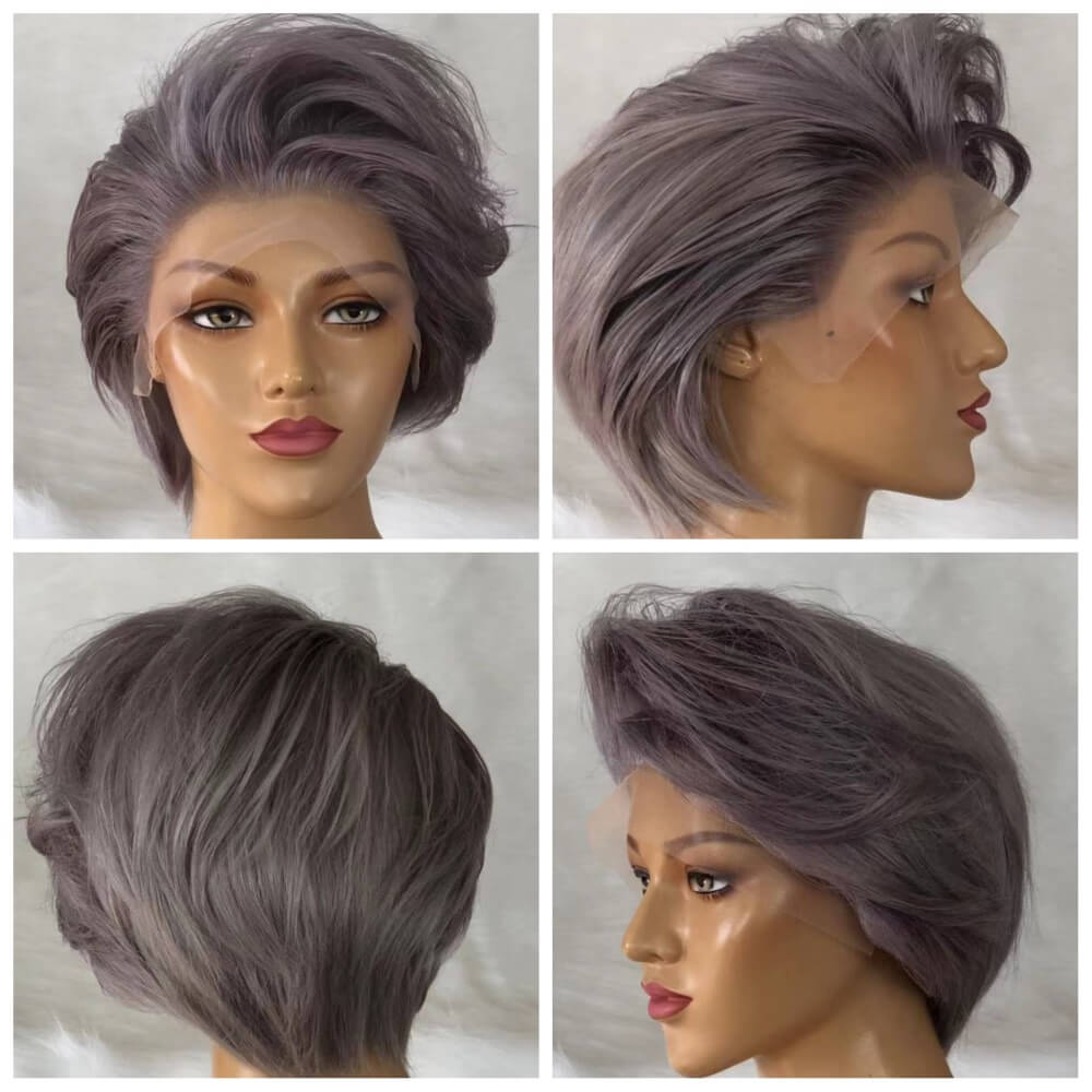Straight Gray Human Hair Pixie Cut Lace Frontal Wig for Black Women