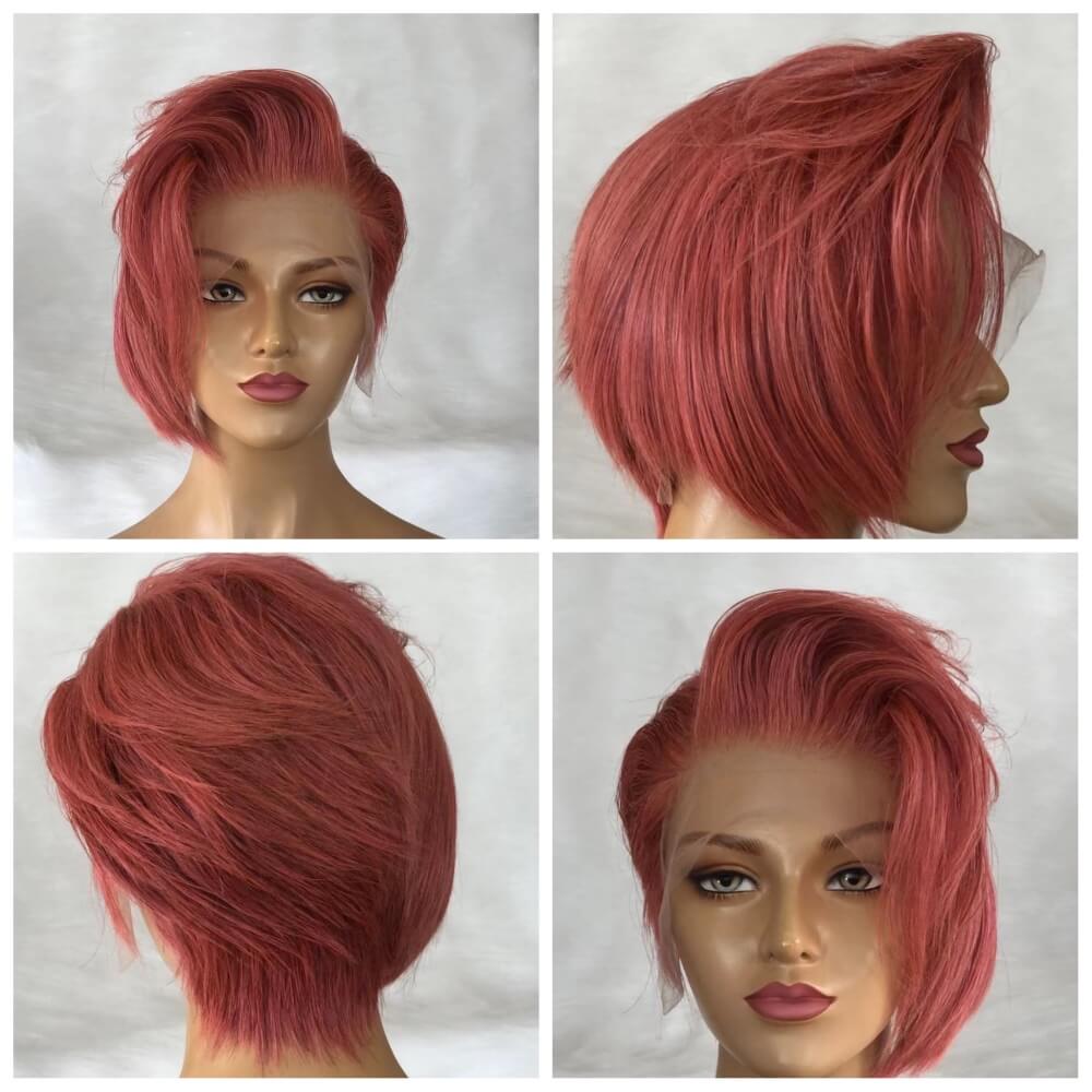 Perruque de dentelle coupe lutin droite rose cheveux humains pour afro-américain